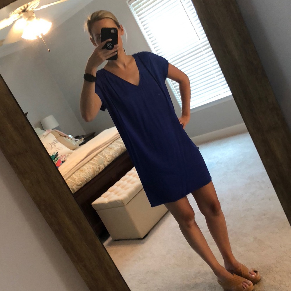 Blue V neck short sleeve dress